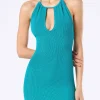Aquamaringrünes Neckholder-Crinkle-Kleid aus Lurex für Damen
