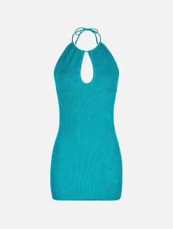 Aquamaringrünes Neckholder-Crinkle-Kleid aus Lurex für Damen