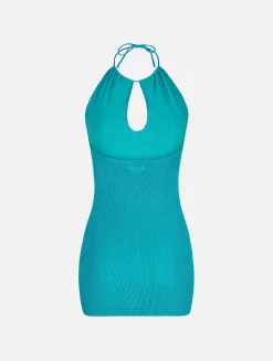 Aquamaringrünes Neckholder-Crinkle-Kleid aus Lurex für Damen