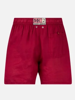 Badeshorts aus bordeauxrotem Leinen für Herren