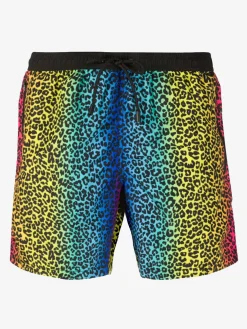 Badeshorts aus leichtem Stoff mit Animalier-Regenbogenmuster und Reißverschluss