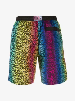 Badeshorts aus leichtem Stoff mit Animalier-Regenbogenmuster und Reißverschluss