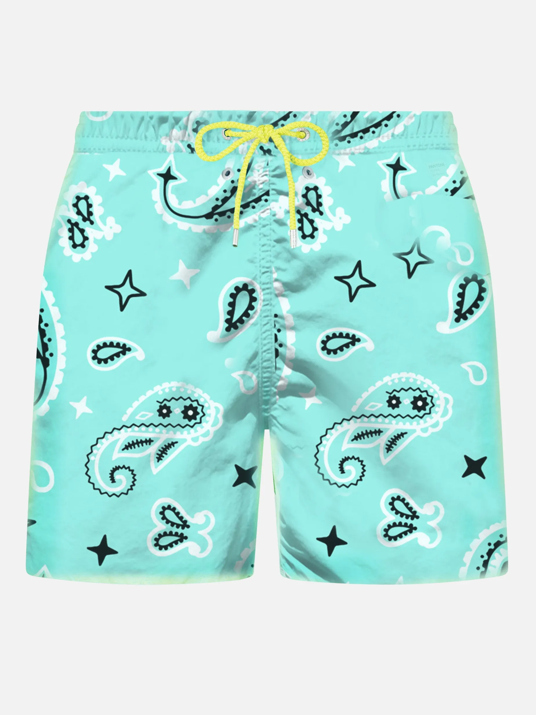 Badeshorts für Herren aus leichtem Stoff mit wassergrünem Paisley-Print