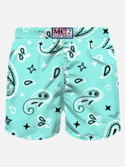 Badeshorts für Herren aus leichtem Stoff mit wassergrünem Paisley-Print