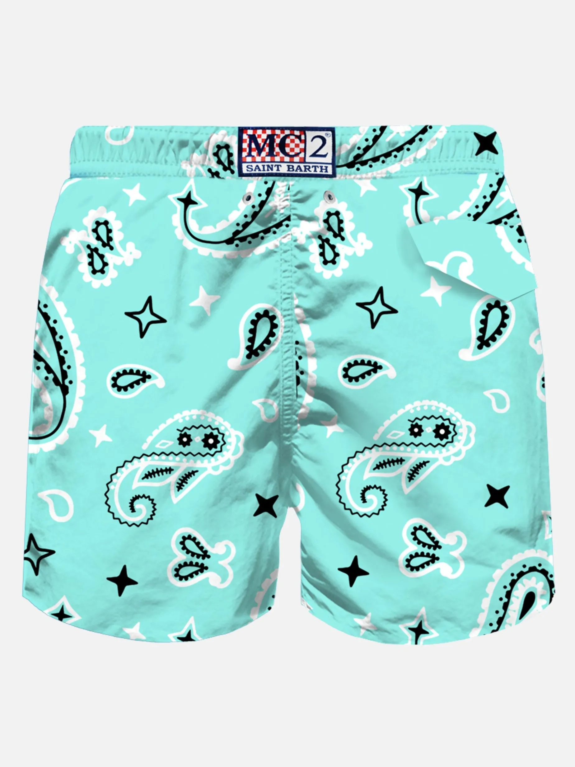 Badeshorts für Herren aus leichtem Stoff mit wassergrünem Paisley-Print
