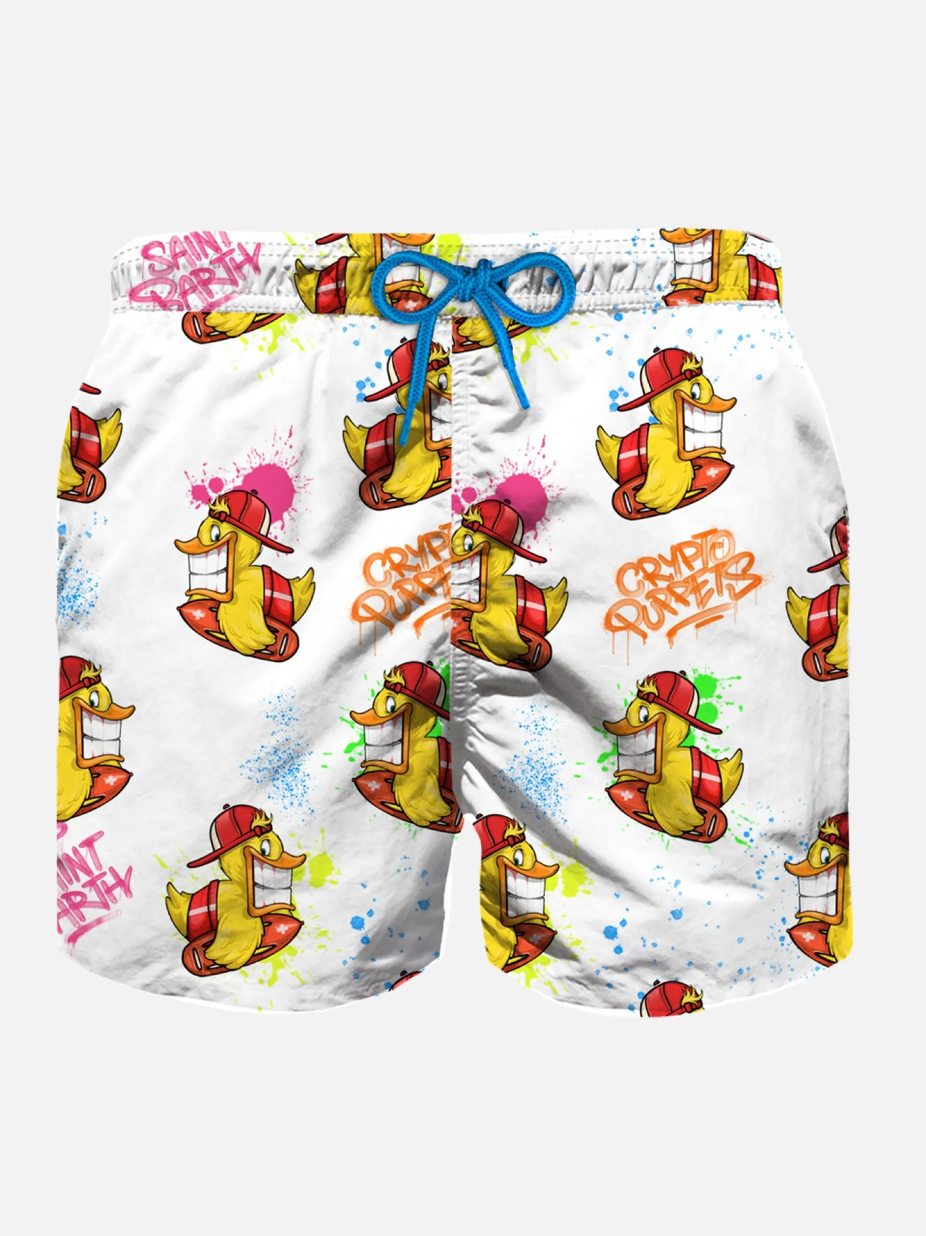 Badeshorts für Jungen aus leichtem Stoff mit Crypto-Enten-Print | CRYPTO PUPPETS SONDERAUSGABE