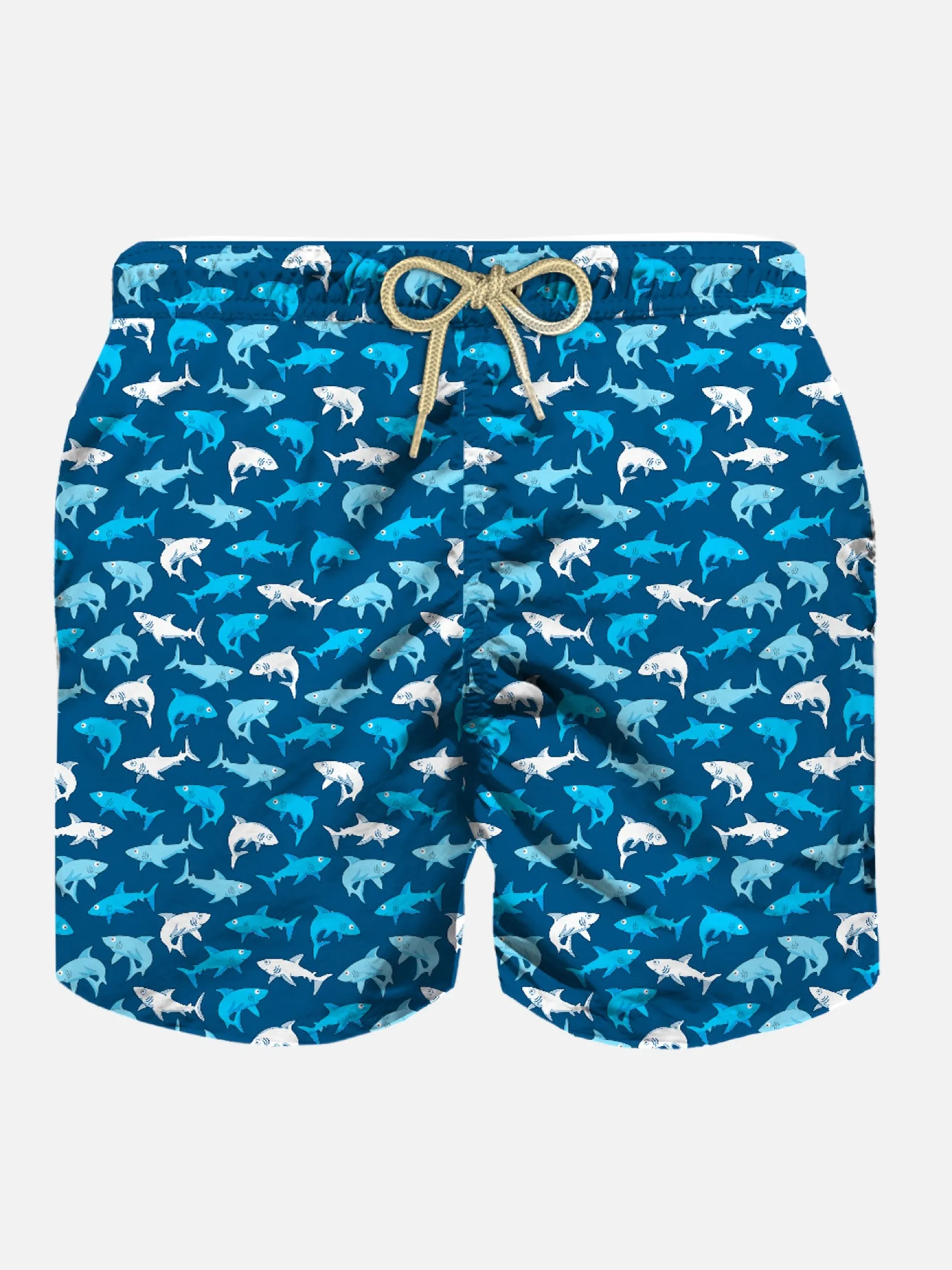 Badeshorts für Jungen aus leichtem Stoff mit mehrfarbigem Hai-Aufdruck