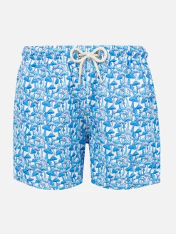 Badeshorts für Jungen aus leichtem Stoff mit hellblauem Pilzdruck