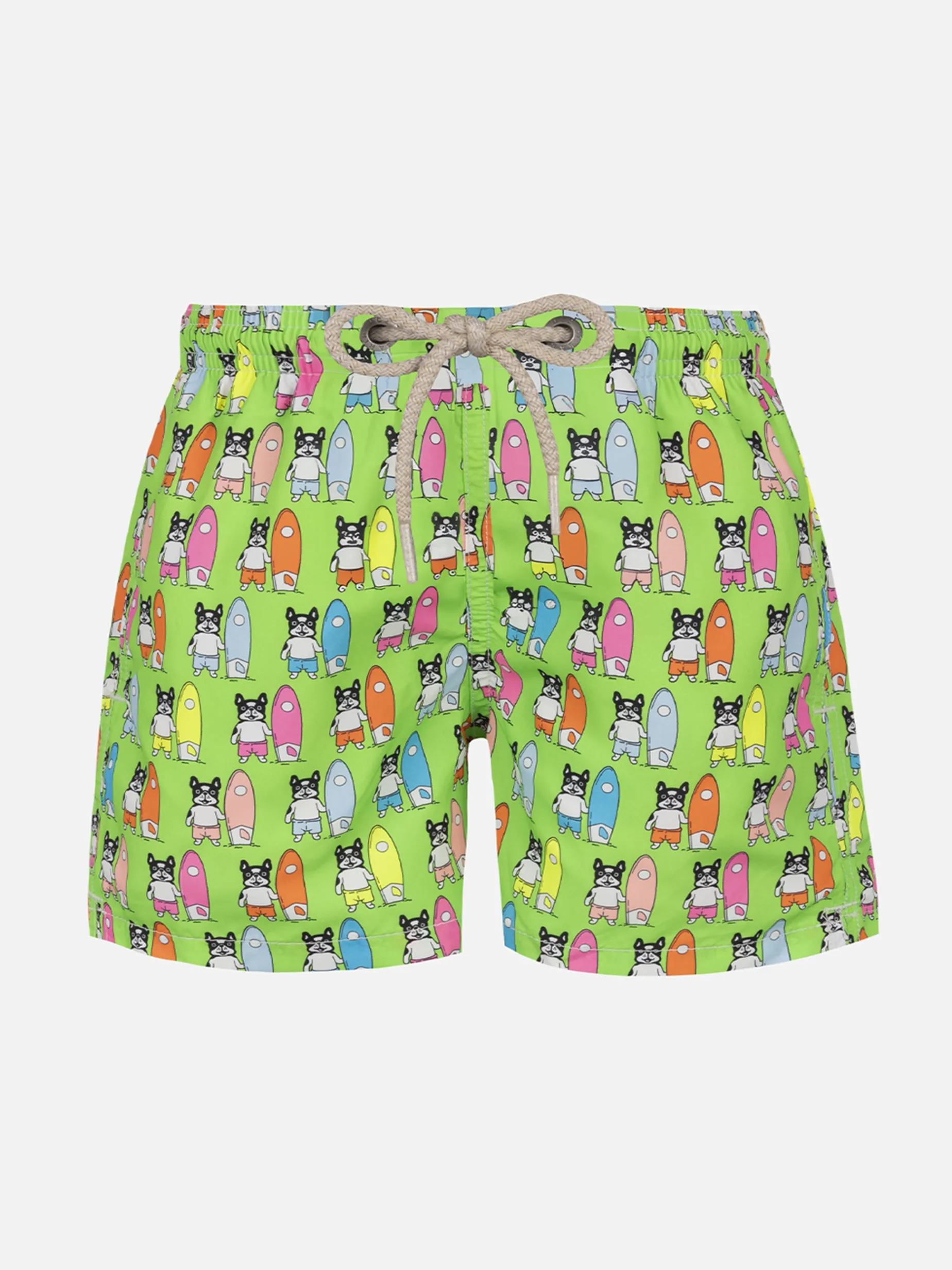 Badeshorts für Jungen aus leichtem Stoff von Jean Lighting mit Surfer-Dogs-Print
