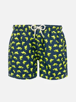 Badeshorts für Jungen aus leichtem Stoff mit fluoreszierendem Hai-Print