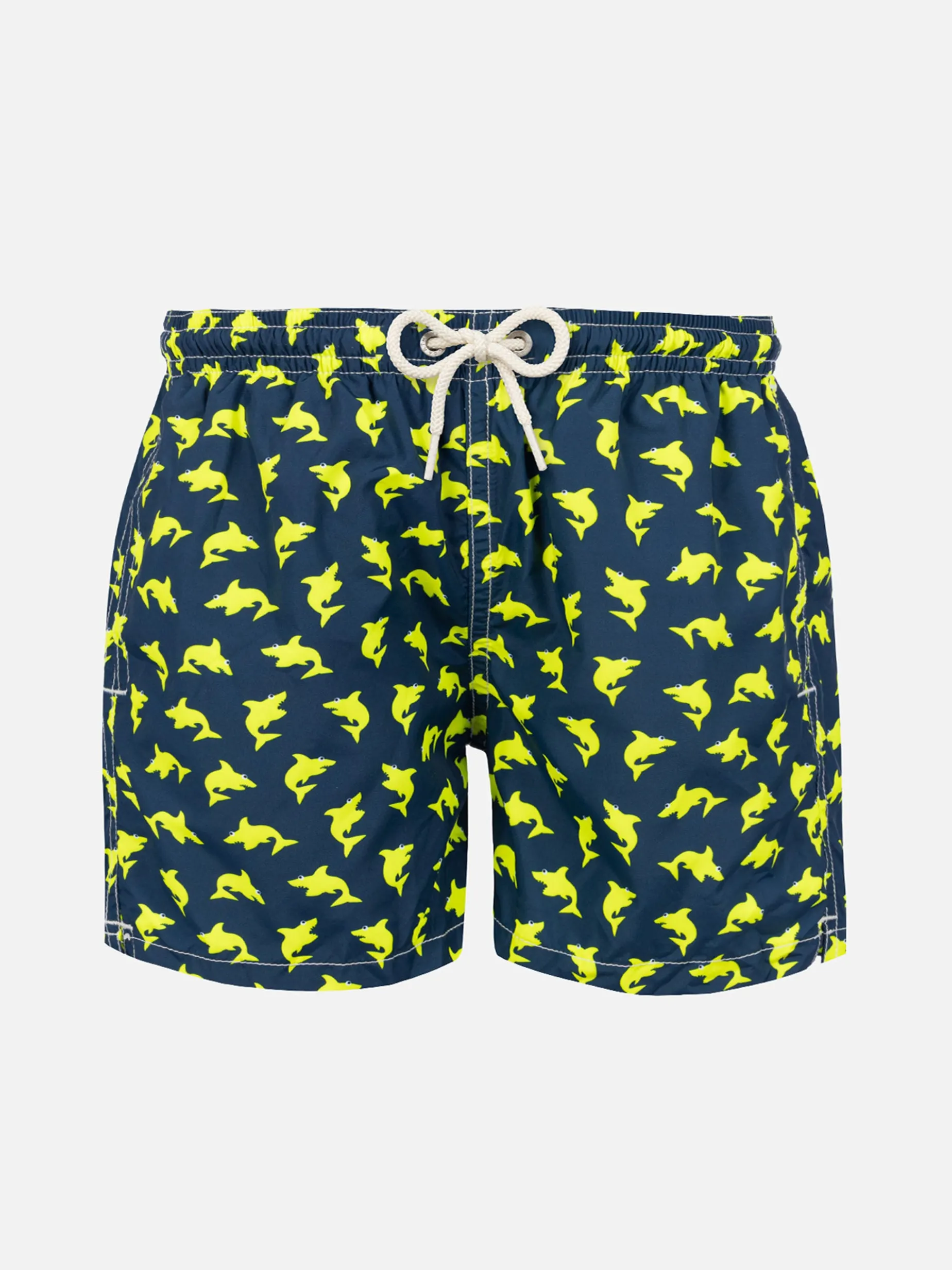 Badeshorts für Jungen aus leichtem Stoff mit fluoreszierendem Hai-Print