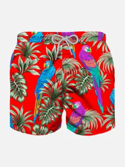 Badeshorts für Jungen aus leichtem Stoff mit Papageien-Print