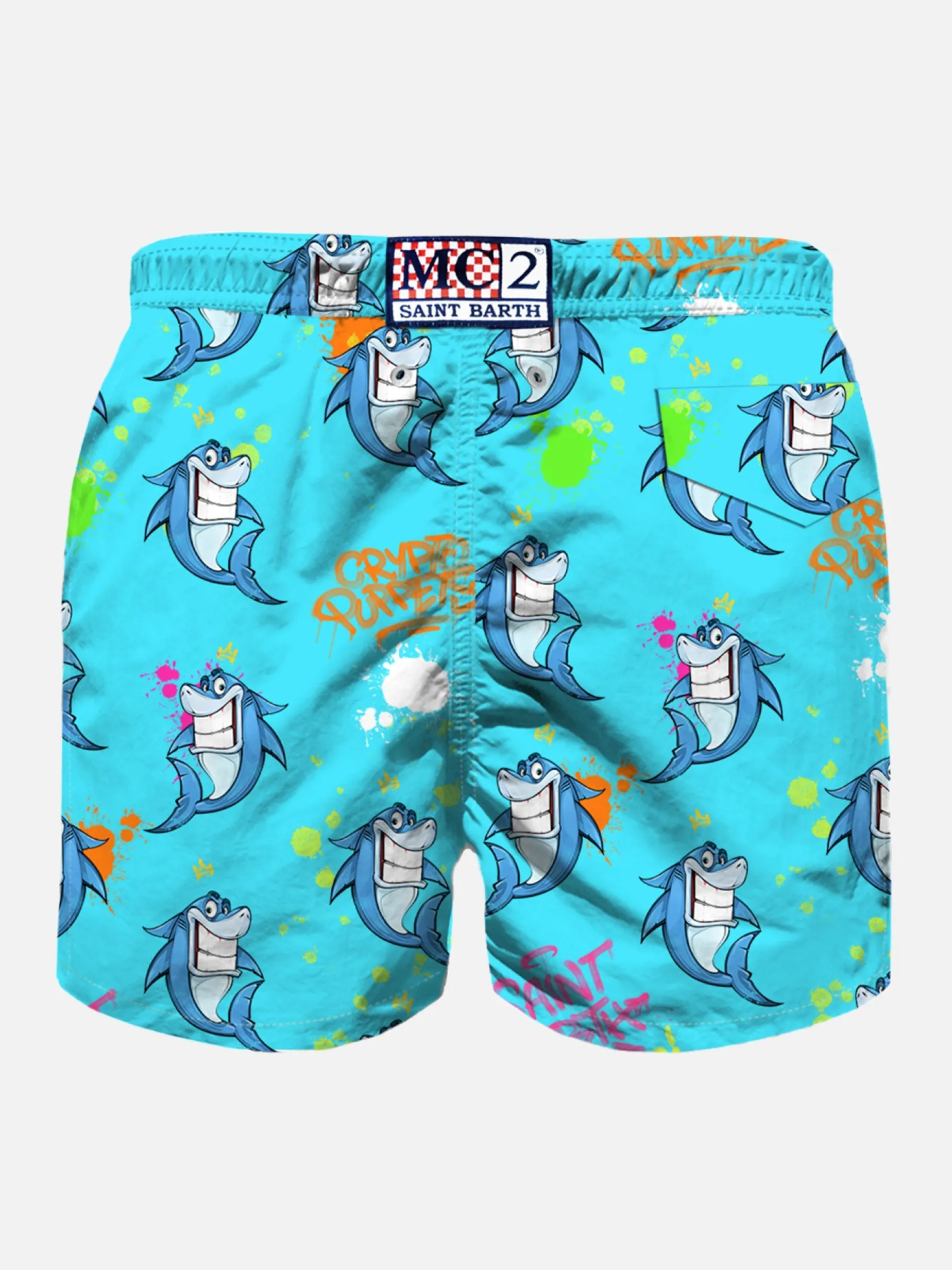 Badeshorts für Jungen aus leichtem Stoff mit Crypto-Hai-Print | CRYPTO PUPPETS SONDERAUSGABE