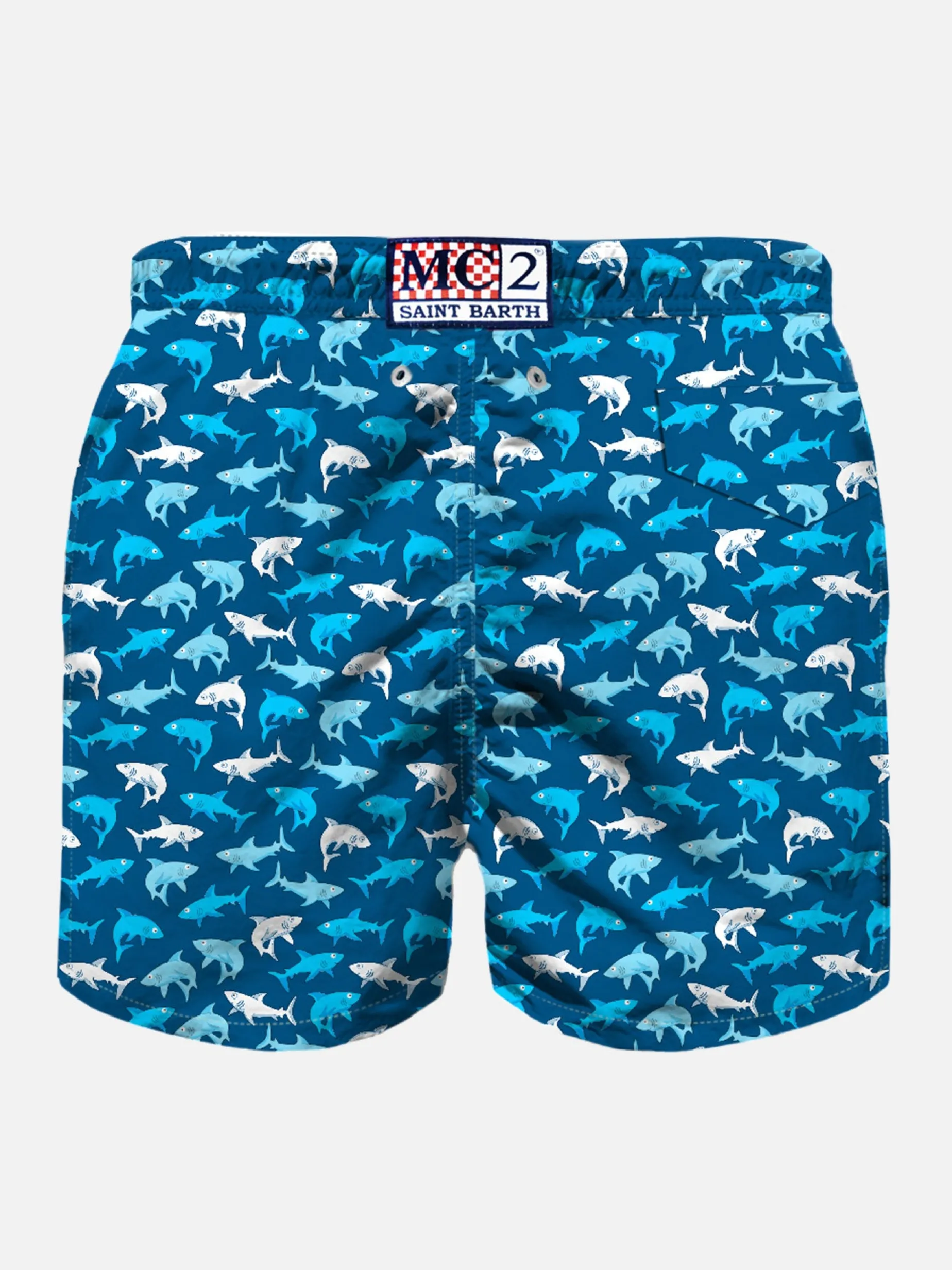 Badeshorts für Jungen aus leichtem Stoff mit mehrfarbigem Hai-Aufdruck