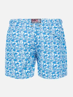 Badeshorts für Jungen aus leichtem Stoff mit hellblauem Pilzdruck