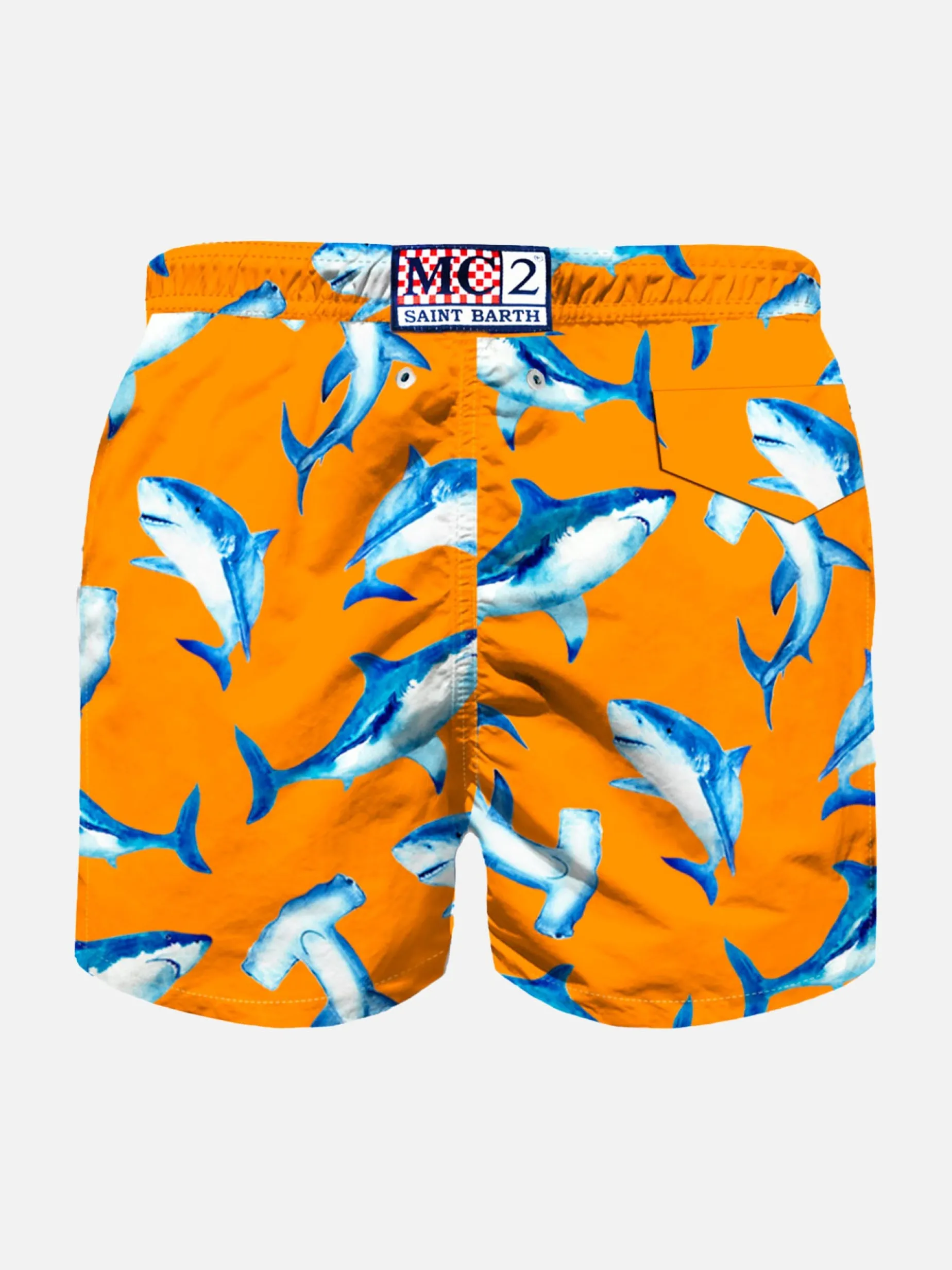 Badeshorts für Jungen aus leichtem Stoff mit Hai-Aufdruck