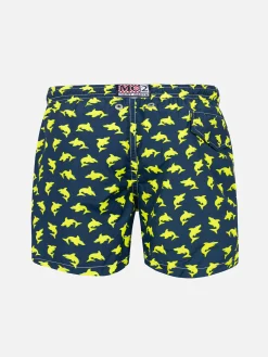 Badeshorts für Jungen aus leichtem Stoff mit fluoreszierendem Hai-Print