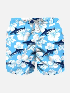 Badeshorts für Jungen mit geflocktem Hai-Print