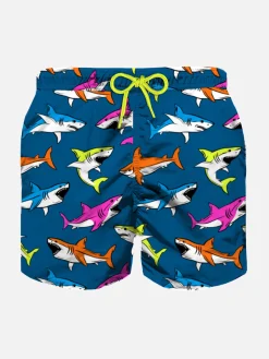 Badeshorts für Jungen mit mehrfarbigem Hai-Aufdruck