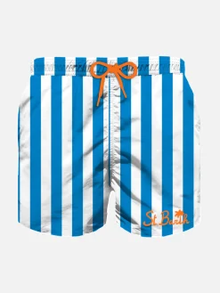 Badeshorts für Jungen mit weißen und blauen Streifen