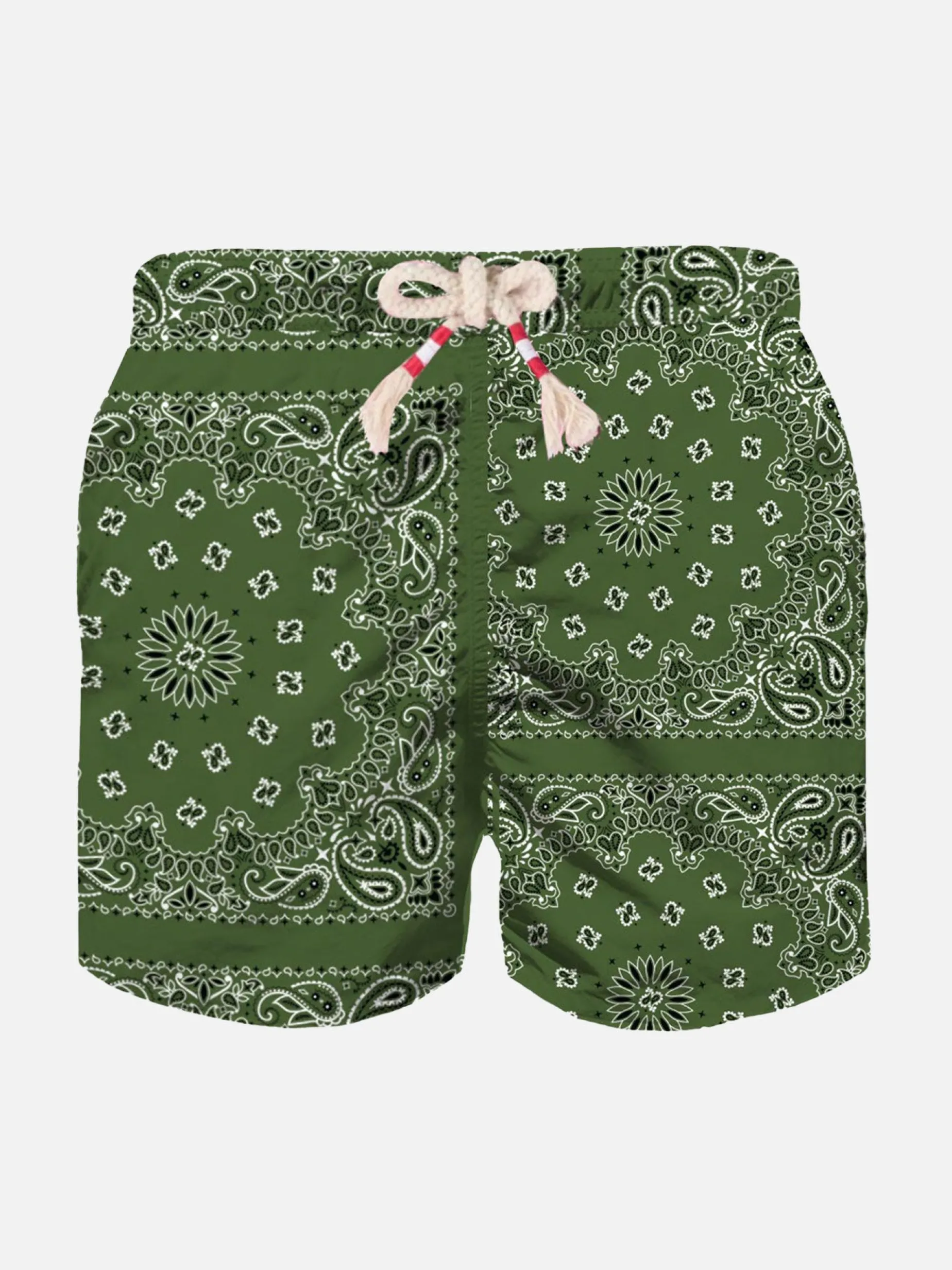 Badeshorts für Jungen mit militärgrünem Bandana-Print
