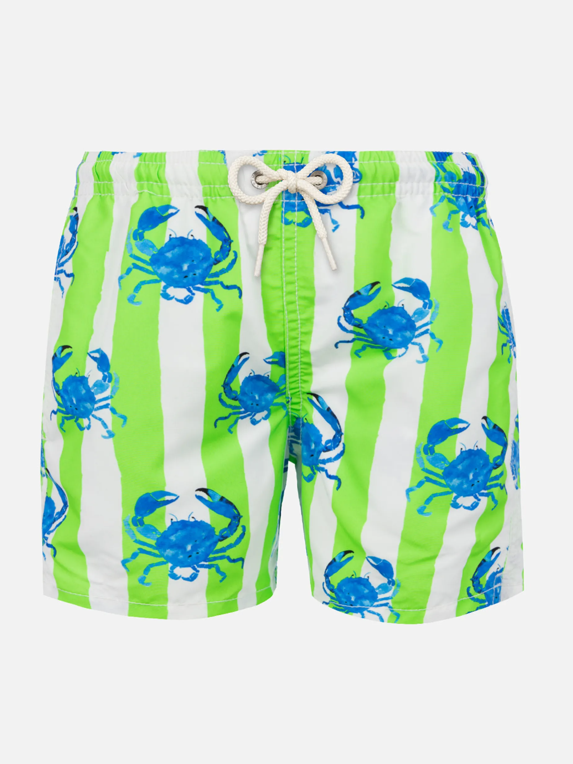 Badeshorts für Jungen mit weißen und grünen Streifen und Krabbenaufdruck