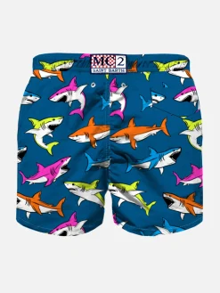 Badeshorts für Jungen mit mehrfarbigem Hai-Aufdruck
