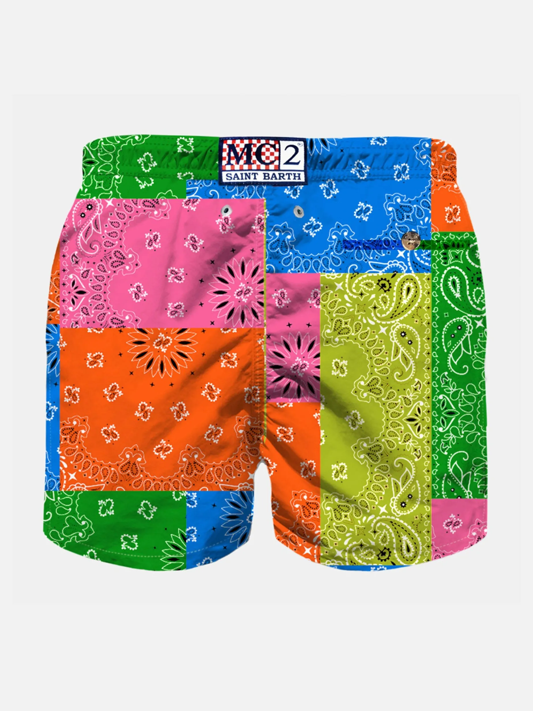 Badeshorts für Jungen mit mehrfarbigem Fluo-Bandana-Print