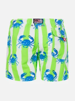 Badeshorts für Jungen mit weißen und grünen Streifen und Krabbenaufdruck