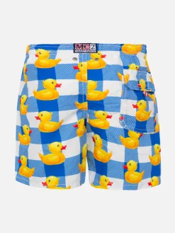 Badeshorts für Jungen mit Karomuster und Entenmuster
