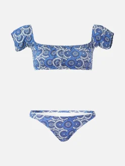 Bandeau-Bikini aus Denim mit Blumenmuster