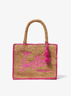 Basttasche mit fuchsiafarbener Stickerei vorne
