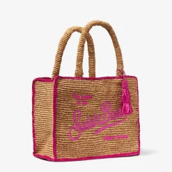Basttasche mit fuchsiafarbener Stickerei vorne