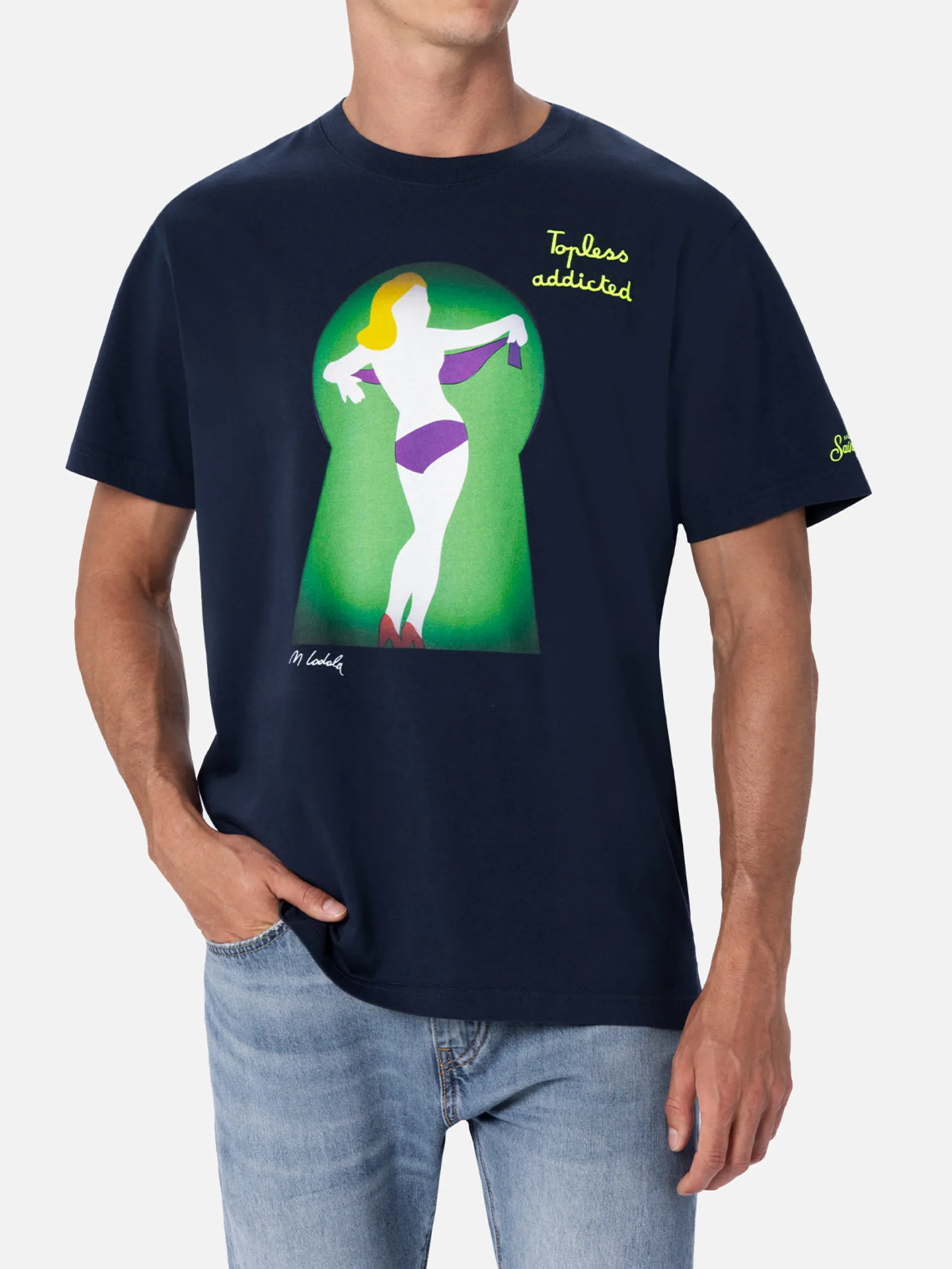 Baumwoll-T-Shirt für Herren mit platziertem Lodola-Aufdruck und Stickerei | MARCO LODOLA SPECIAL EDITION