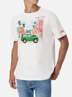 Baumwoll-T-Shirt für Herren mit platziertem Aufdruck und Surfin'USA-Stickerei