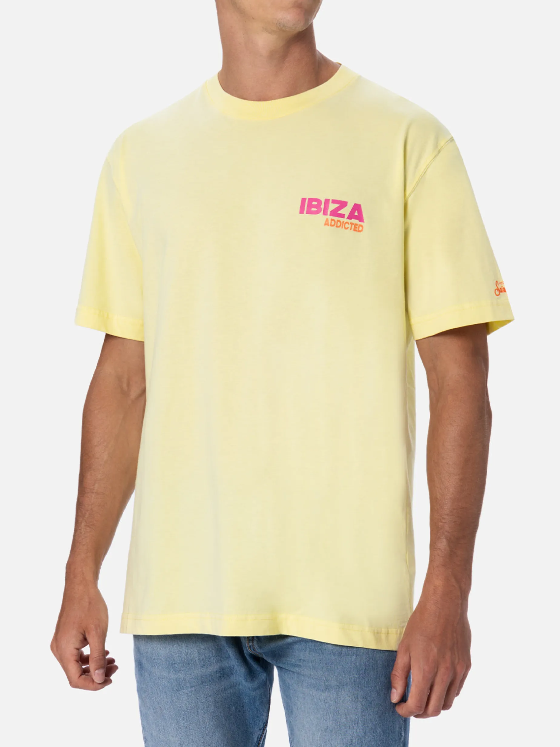 Baumwoll-T-Shirt für Herren mit platziertem „Ibiza Addicted“-Postkartendruck