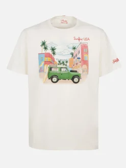 Baumwoll-T-Shirt für Herren mit platziertem Aufdruck und Surfin'USA-Stickerei