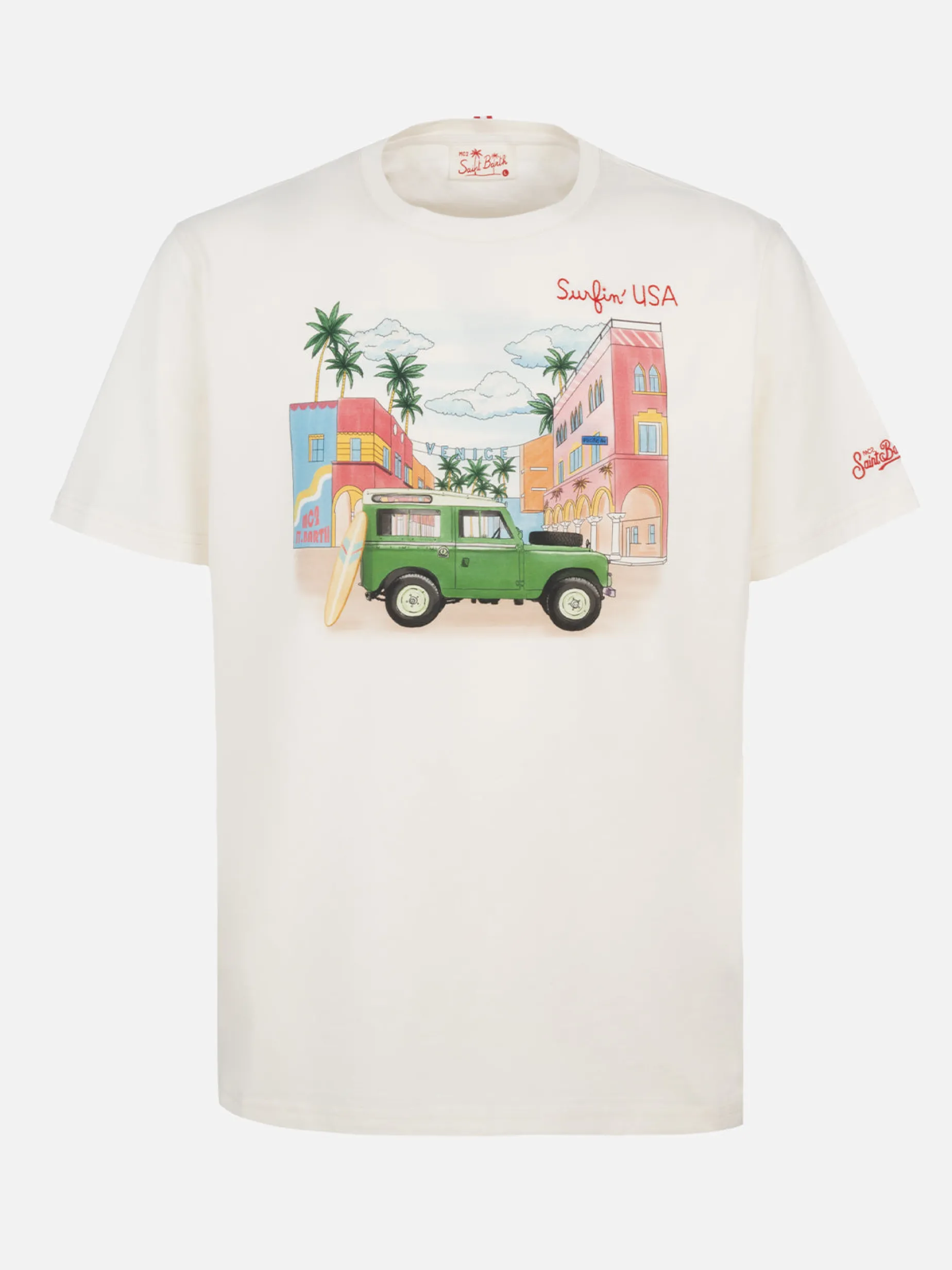 Baumwoll-T-Shirt für Herren mit platziertem Aufdruck und Surfin'USA-Stickerei