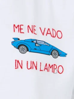 Baumwoll-T-Shirt für Jungen mit der Stickerei „Me ne vado in un lambo“.