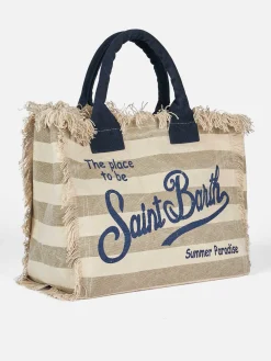 Beige gestreifte Vanity-Einkaufstasche aus Baumwollcanvas