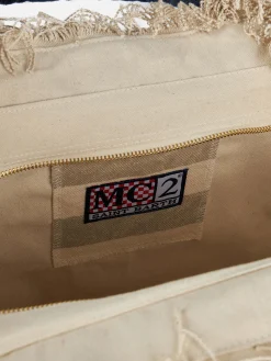 Beige gestreifte Vanity-Einkaufstasche aus Baumwollcanvas