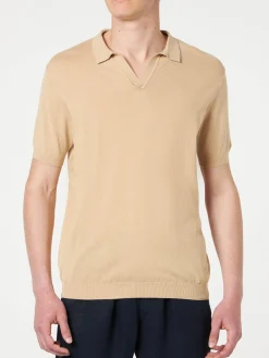 Beige gestricktes Polo-T-Shirt für Herren