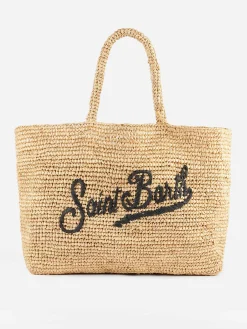 Beige Strandtasche aus Raffiabast mit Baumwollbeutel