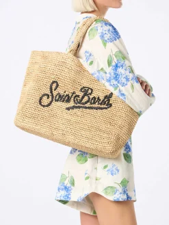 Beige Strandtasche aus Raffiabast mit Baumwollbeutel