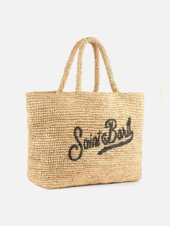 Beige Strandtasche aus Raffiabast mit Baumwollbeutel