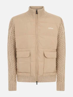 Beige wattierte Herrenjacke mit gestrickten Flechtärmeln