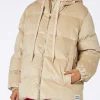 Beigefarbene Damen-Daunenjacke aus Cord mit Kapuze