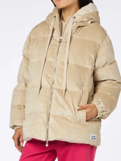 Beigefarbene Damen-Daunenjacke aus Cord mit Kapuze