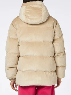 Beigefarbene Damen-Daunenjacke aus Cord mit Kapuze