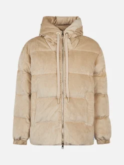 Beigefarbene Damen-Daunenjacke aus Cord mit Kapuze